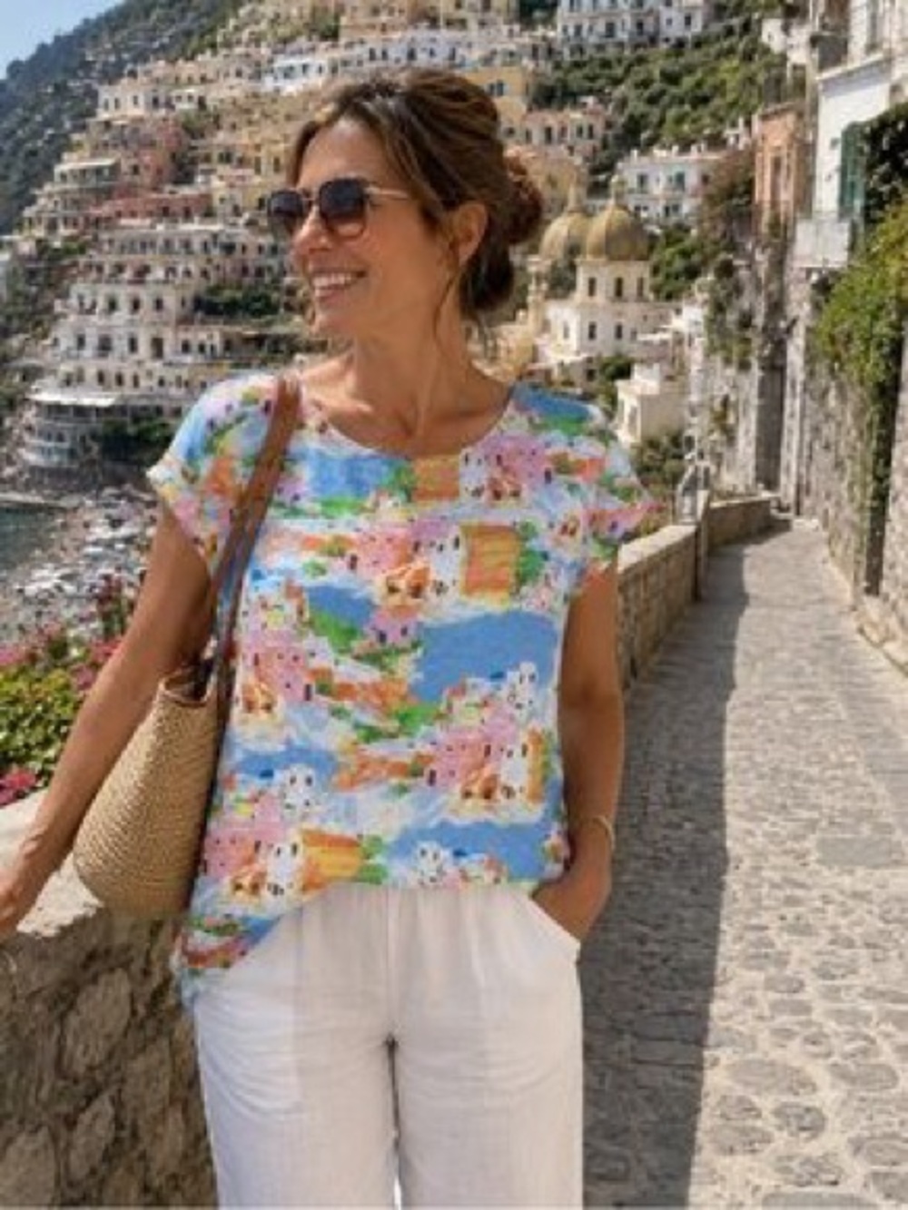 Cynthia Rowley 100% LINEN Coastal Floral Cap-Sleeve Top